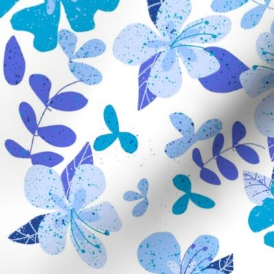 Jumbo Tropical Blue and Indigo Hibiscus Floral Repeat on White