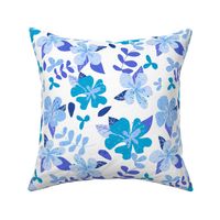 Jumbo Tropical Blue and Indigo Hibiscus Floral Repeat on White