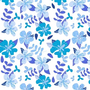 Jumbo Tropical Blue and Indigo Hibiscus Floral Repeat on White