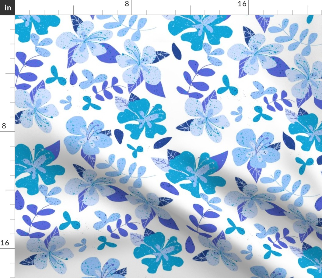 Jumbo Tropical Blue and Indigo Hibiscus Floral Repeat on White