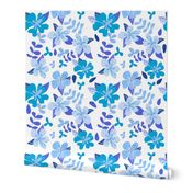 Tropical Blue and Indigo Hibiscus Floral Repeat on White