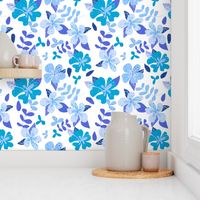 Tropical Blue and Indigo Hibiscus Floral Repeat on White
