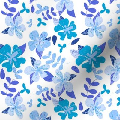 Tropical Blue and Indigo Hibiscus Floral Repeat on White