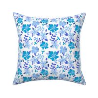 Tropical Blue and Indigo Hibiscus Floral Repeat on White