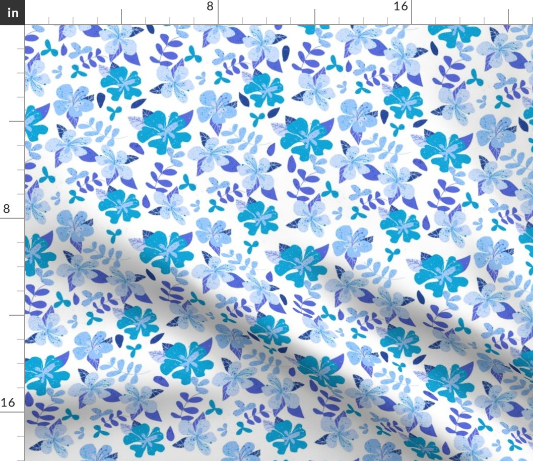 Tropical Blue and Indigo Hibiscus Floral Repeat on White