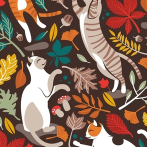 Large jumbo scale // Autumn joy // brown oak background cats dancing with many leaves in fall colors