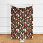 Autumn joy // Normal scale // brown oak background cats dancing with many leaves in fall colors