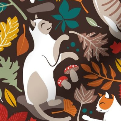 Autumn joy // Normal scale // brown oak background cats dancing with many leaves in fall colors