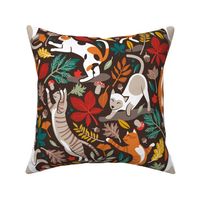 Autumn joy // Normal scale // brown oak background cats dancing with many leaves in fall colors