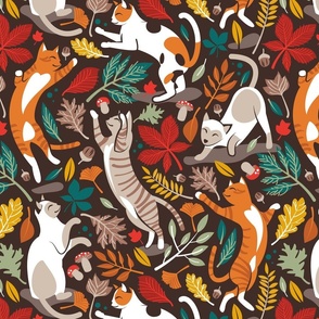 Autumn joy // Normal scale // brown oak background cats dancing with many leaves in fall colors