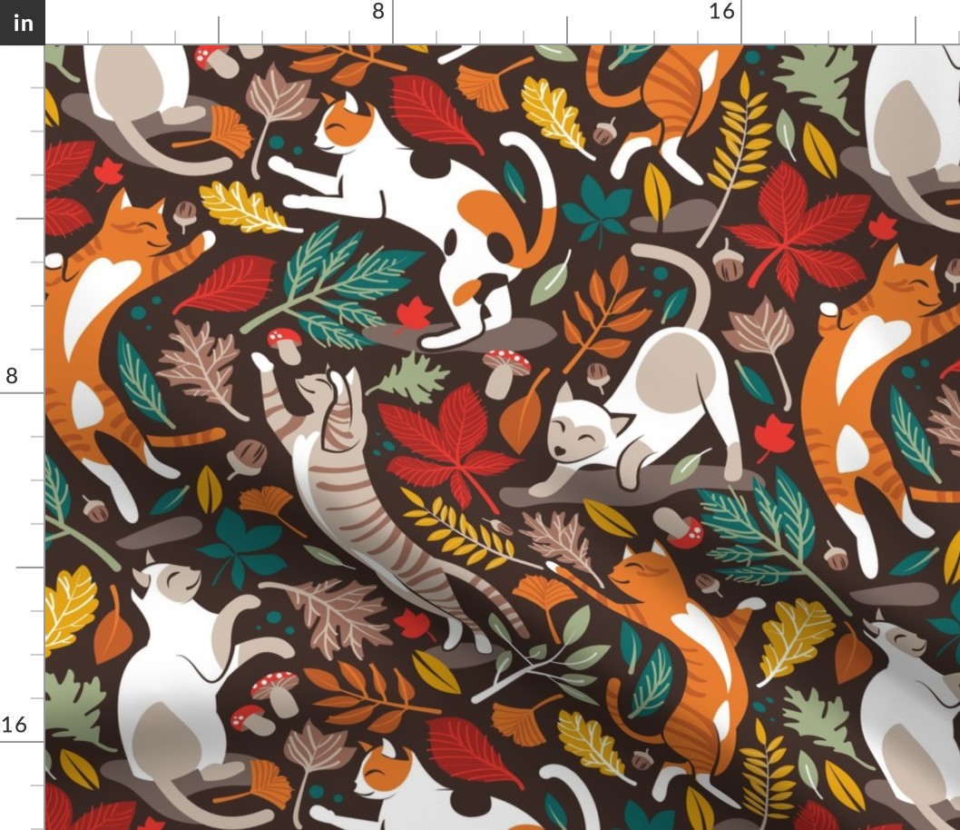 Autumn joy // Normal scale // brown oak background cats dancing with many leaves in fall colors