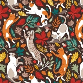 Small scale // Autumn joy // brown oak background cats dancing with many leaves in fall colors