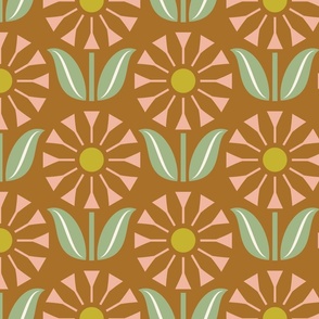 Mid Mod Flowers Pink on Brown Large