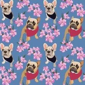 French Bulldog small print pink flowers Frenchie dog fabric blue denim 