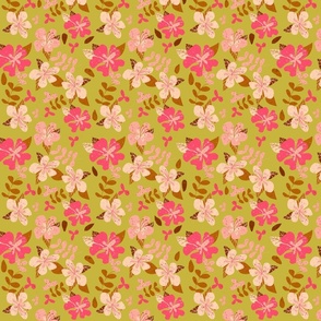 Tropical Pink and Brown Hibiscus Floral Repeat on Gold