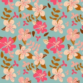 Jumbo Tropical Pink and Brown Hibiscus Floral Repeat on Seafoam