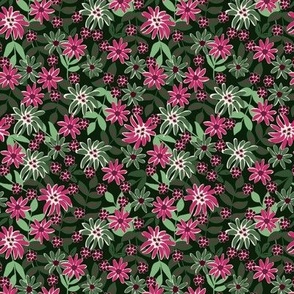 549 - Small scale Grungy bold florals in bold hot pink, forest green and off white - for women's apparel, fun garden wallpaper, curtains, duvet covers and funky table cloths