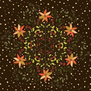 Autumn Wreath Snowflake Dark Chocolate Brown, Orange and Olive Green Sunflowers: jumbo scale for wallpaper, dining room linen, tablecloths