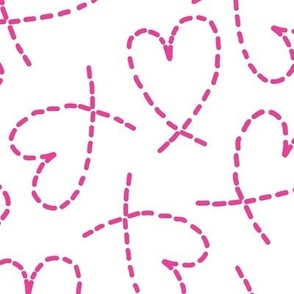 504 - Large scale bold romance in white and hot barbie pink tossed random non directional  dashed line love hearts for valentines, weddings, kids/children apparel, nursery wallpaper, cot sheets, duvet covers, table linen