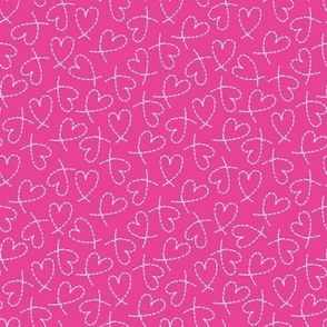 504 - Small scale bold romance with in hot barbie pink and white tossed random non directional  dashed line love hearts for valentines, weddings, kids/children apparel, nursery wallpaper, cot sheets, duvet covers, table linen
