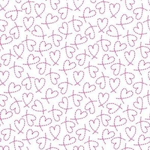 504 - Small scale bold romance in white and hot barbie pink tossed random non directional  dashed line love hearts for valentines, weddings, kids/children apparel, nursery wallpaper, cot sheets, duvet covers, table linen