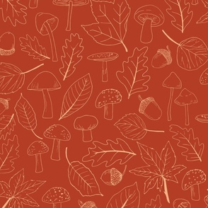 Autumn Botanicals - Leaves, Acorns and Mushrooms - Dark Red background