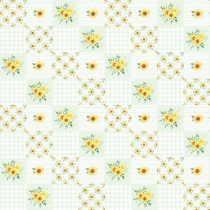 Smaller Patchwork 3" Square Cheater Quilt Sunflowers on Light Green with Stripes Gingham and Polkadots