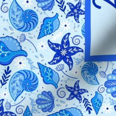 2025 Calendar Wall Hanging Fat Quarter Tea Towel Size Painted Blue Sea Shells