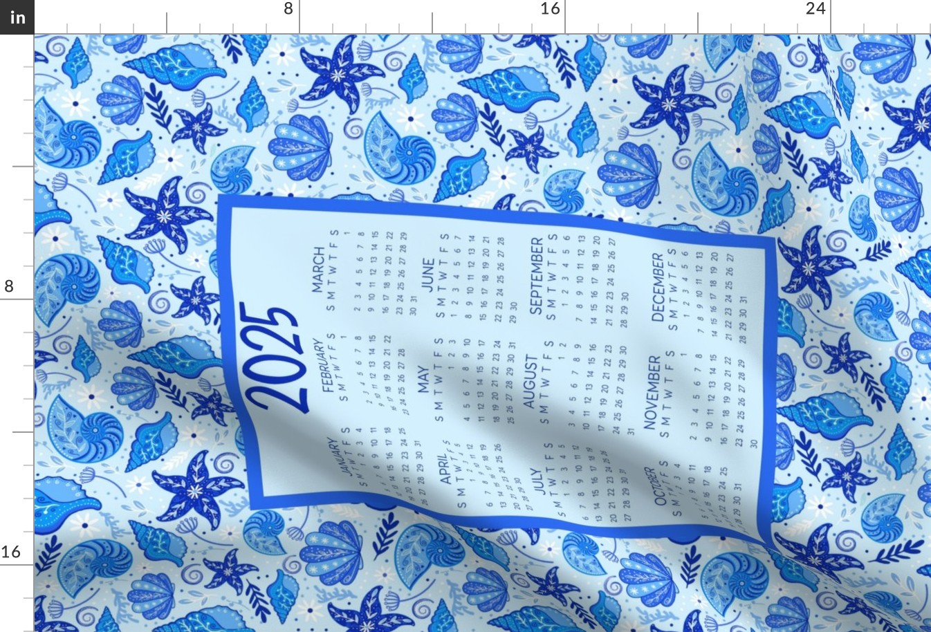 2025 Calendar Wall Hanging Fat Quarter Tea Towel Size Painted Blue Sea Shells
