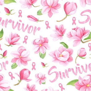 Large Scale Survivor Pink Ribbons and Flowers Breast Cancer Awareness Floral on White