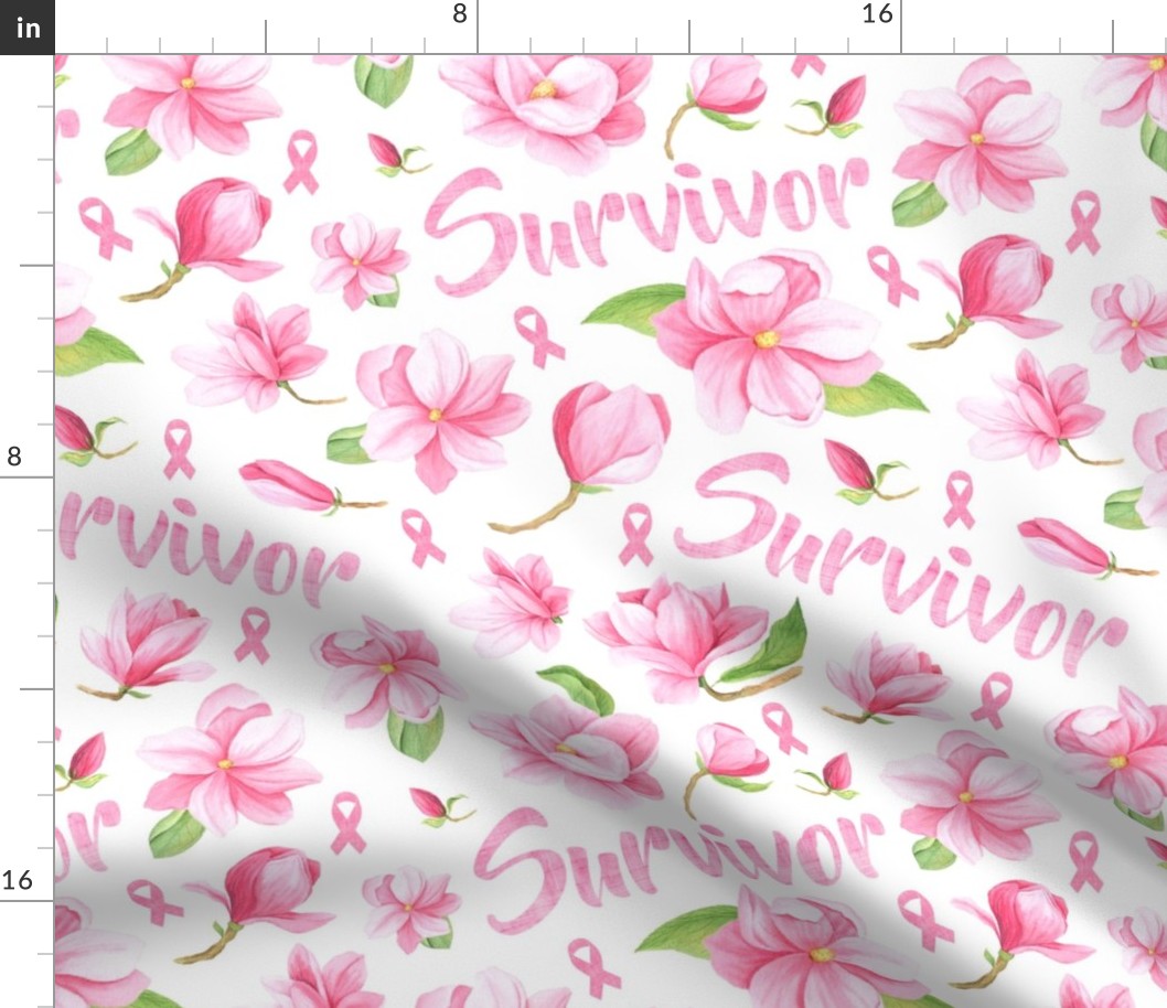 Large Scale Survivor Pink Ribbons and Flowers Breast Cancer Awareness Floral on White