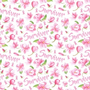 Medium Scale Survivor Pink Ribbons and Flowers Breast Cancer Awareness Floral on White