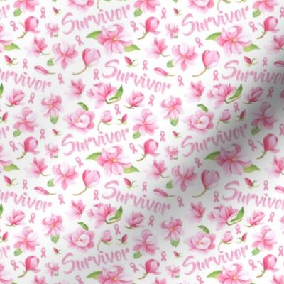 Small Scale Survivor Pink Ribbons and Flowers Breast Cancer Awareness Floral on White