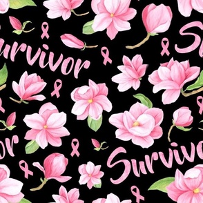 Large Scale Survivor Pink Ribbons and Flowers Breast Cancer Awareness Floral on Black