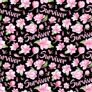 Medium Scale Survivor Pink Ribbons and Flowers Breast Cancer Awareness Floral on Black