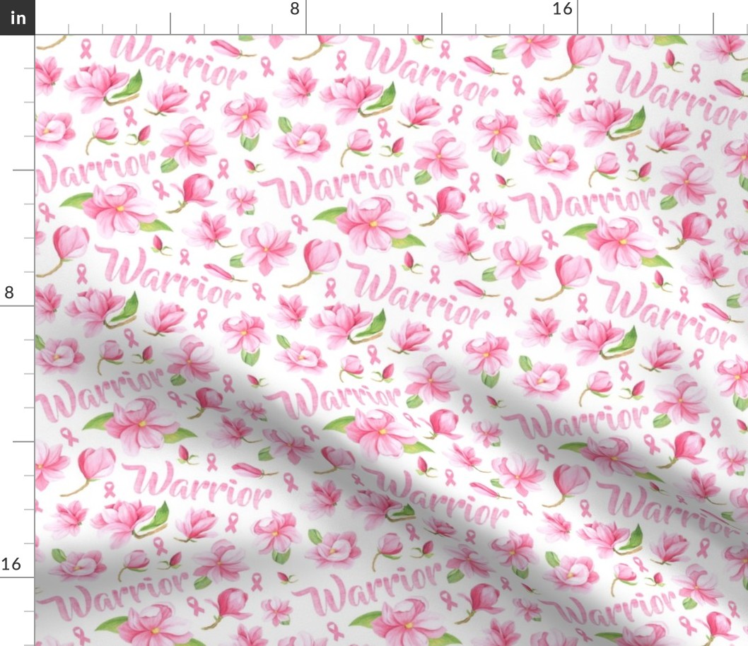Medium Scale Warrior Pink Ribbons and Flowers Breast Cancer Awareness Floral on White
