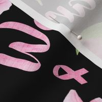Large Scale Warrior Pink Ribbons and Flowers Breast Cancer Awareness Floral on Black