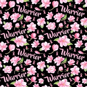 Medium Scale Warrior Pink Ribbons and Flowers Breast Cancer Awareness Floral on Black