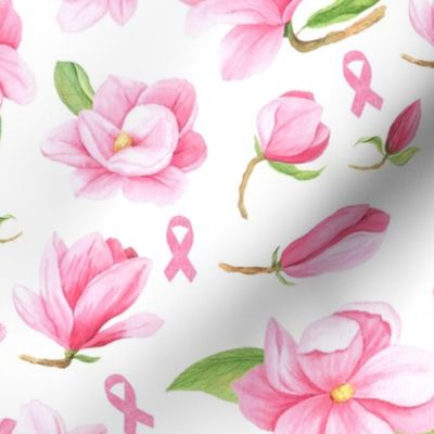Large Scale Pink Ribbons and Flowers Breast Cancer Awareness Warrior Fighter Strong Floral on White