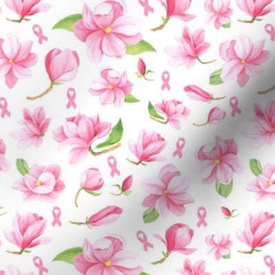Medium Scale Pink Ribbons and Flowers Breast Cancer Awareness Warrior Fighter Strong Floral on White