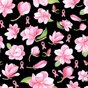 Large Scale Pink Ribbons and Flowers Breast Cancer Awareness Warrior Fighter Strong Floral on Black