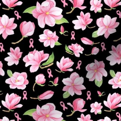 Medium Scale Pink Ribbons and Flowers Breast Cancer Awareness Warrior Fighter Strong Floral on Black