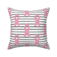 Large Scale Pink Ribbons Breast Cancer Awareness Month October Fighter Survivor Warrior on Grey Linen and White Stripes