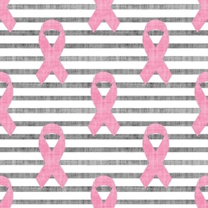 Large Scale Pink Ribbons Breast Cancer Awareness Month October Fighter Survivor Warrior on Grey Linen and White Stripes