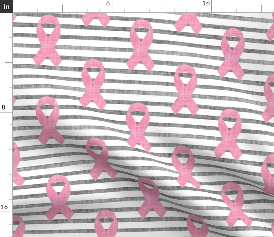 Large Scale Pink Ribbons Breast Cancer Awareness Month October Fighter Survivor Warrior on Grey Linen and White Stripes