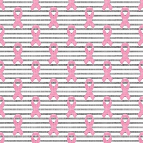 Medium Scale Pink Ribbons Breast Cancer Awareness Month October Fighter Survivor Warrior on Grey Linen and White Stripes