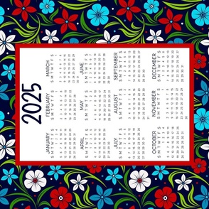 2025 Calendar Wall Hanging Fat Quarter Tea Towel Size Blue and Red Flowers and Green Vines