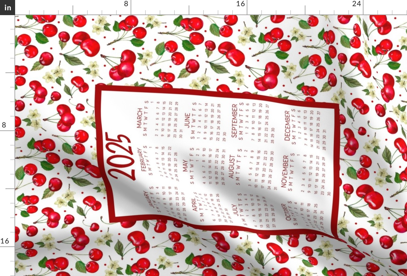 2025 Calendar Wall Hanging Fat Quarter Tea Towel Size Red Cherries