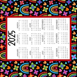 2025 Calendar Wall Art Hanging Tea Towel Fat Quarter Size Rainbows and Flowers