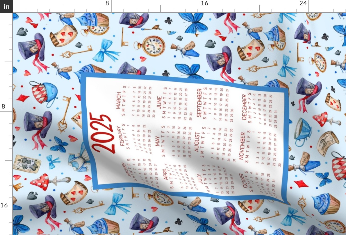 2025 Calendar Wall Hanging Fat Quarter Tea Towel Size Meet Me in Wonderland